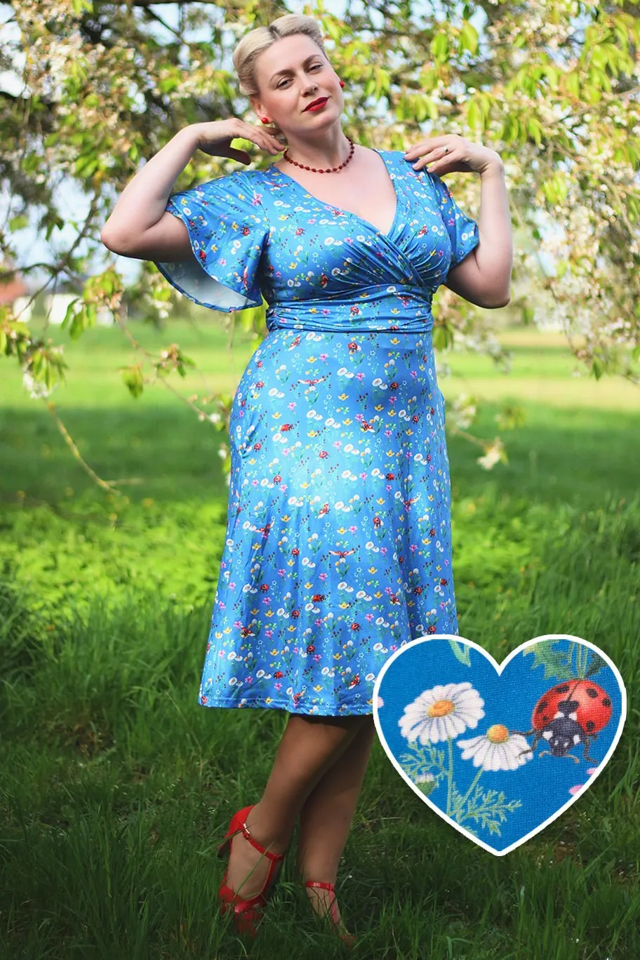 Donna Crossover Bust Blue Ladybug Dress