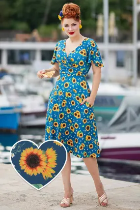 Donna Crossover Bust Blue Sunflower Dress