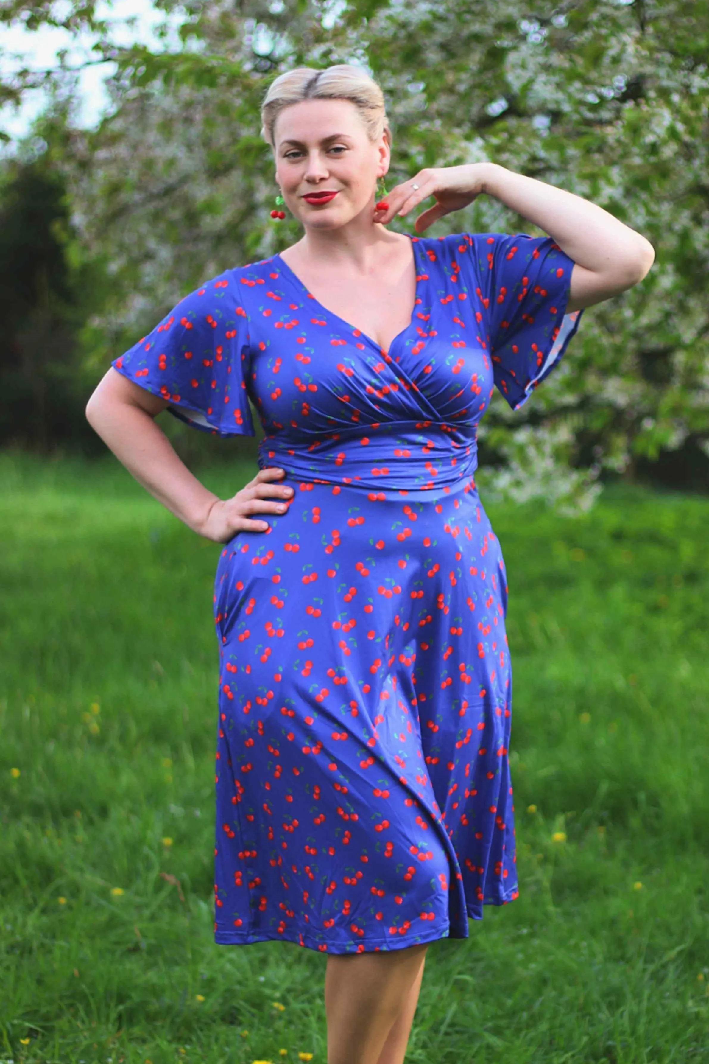 Donna Navy Blue Tea Dress in Cherry Fruit Print