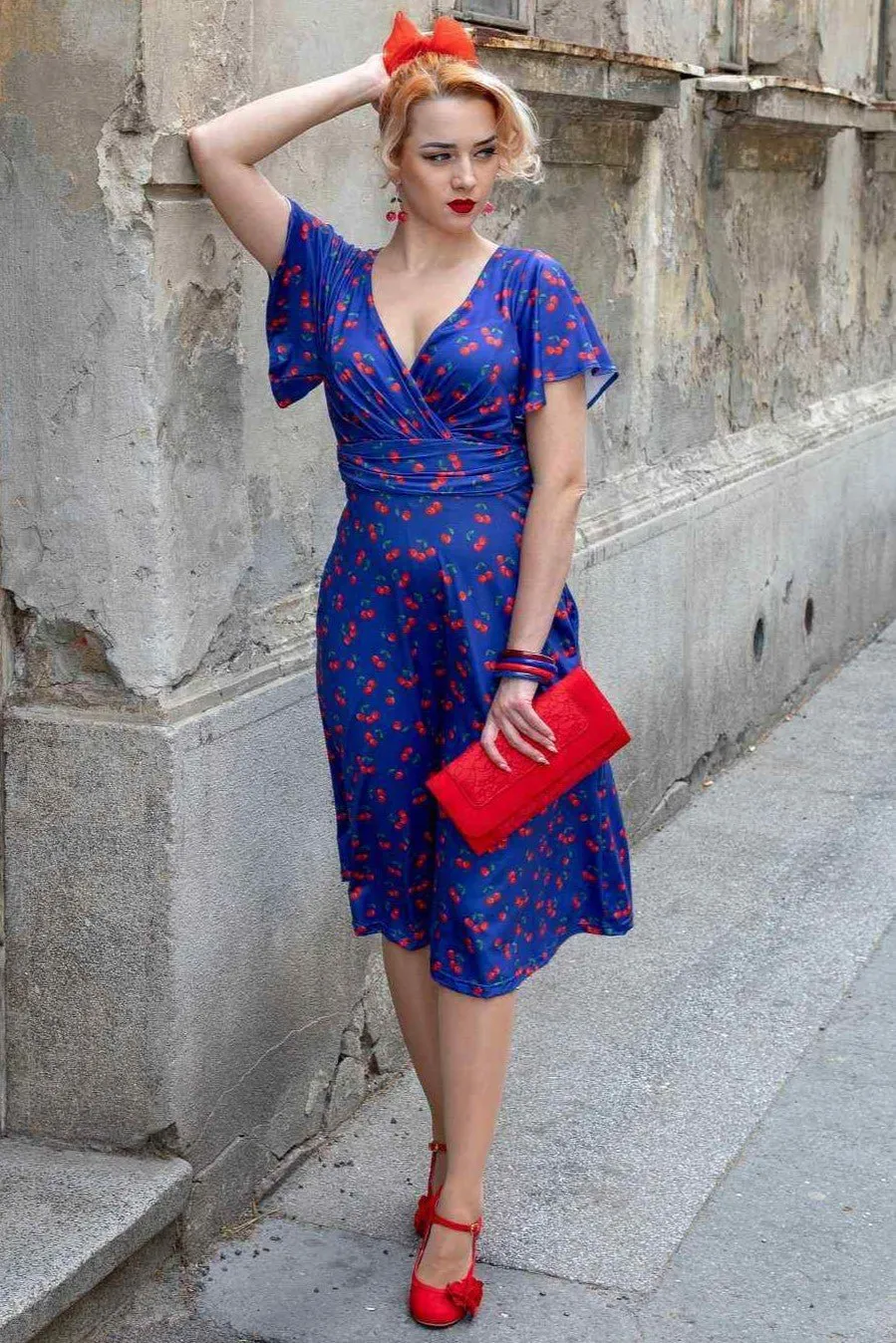 Donna Navy Blue Tea Dress in Cherry Fruit Print