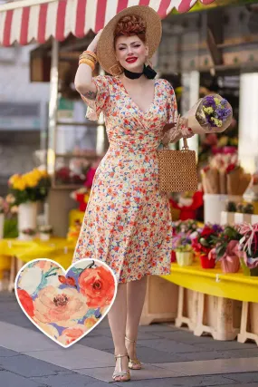 Donna Short Sleeve Tea Dress in Orange Floral Print