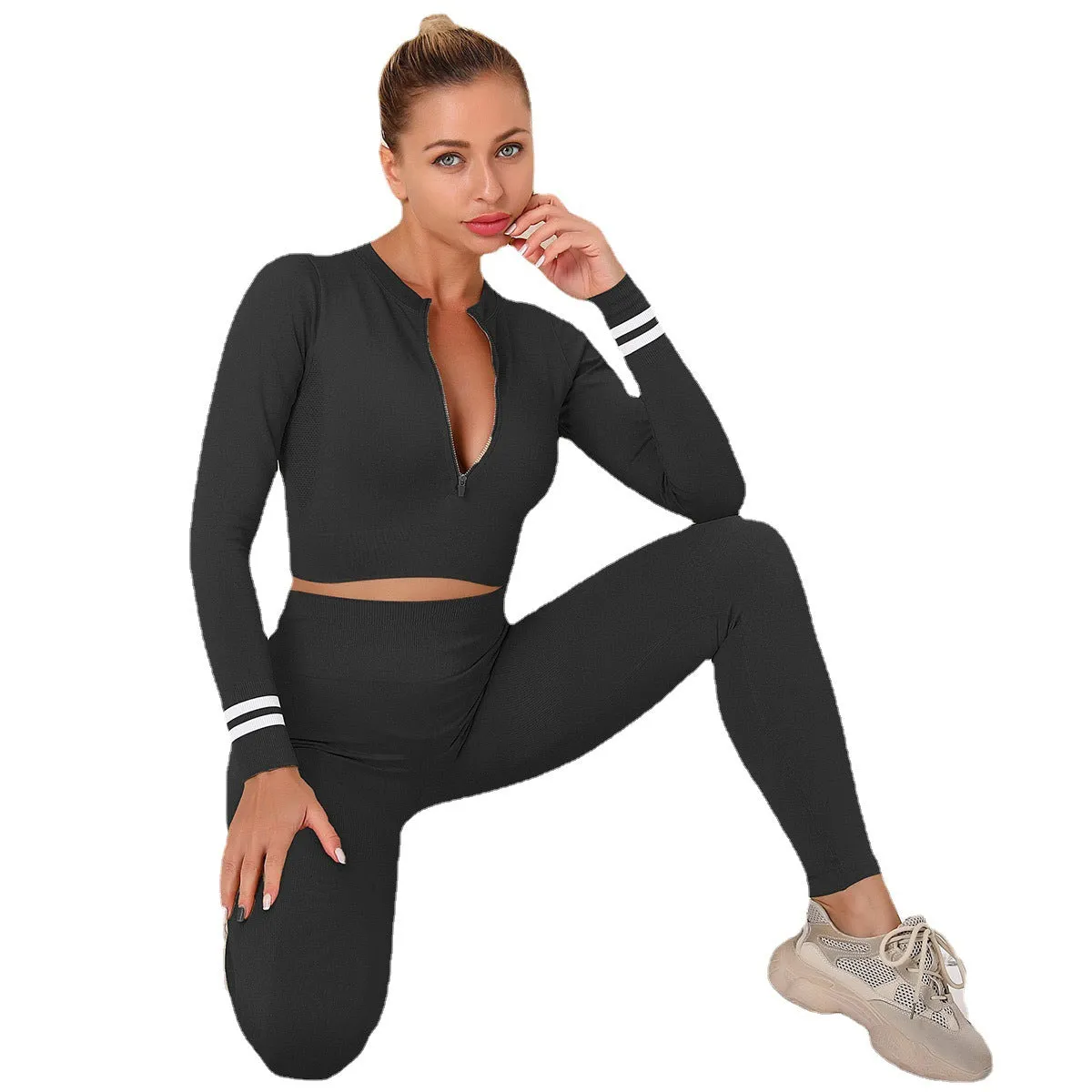 European and American Long-Sleeved Zipper Yoga Exercise Suit Breathable Skinny Running Trousers Fitness Clothes Women's Two-Piece Suit