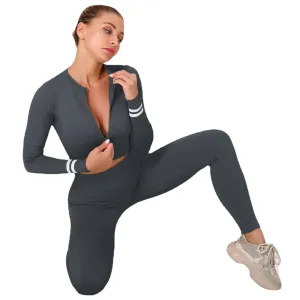 European and American Long-Sleeved Zipper Yoga Exercise Suit Breathable Skinny Running Trousers Fitness Clothes Women's Two-Piece Suit