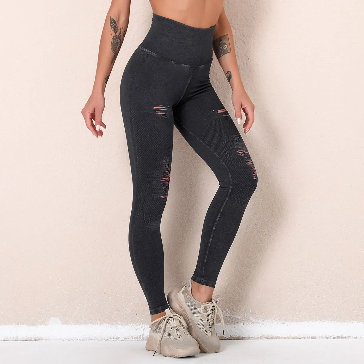 European and American Washed Yoga Pants Ripped Hollow-out Seamless High Waist Sports Ninth Pants Hip Raise Fitness Pants Women