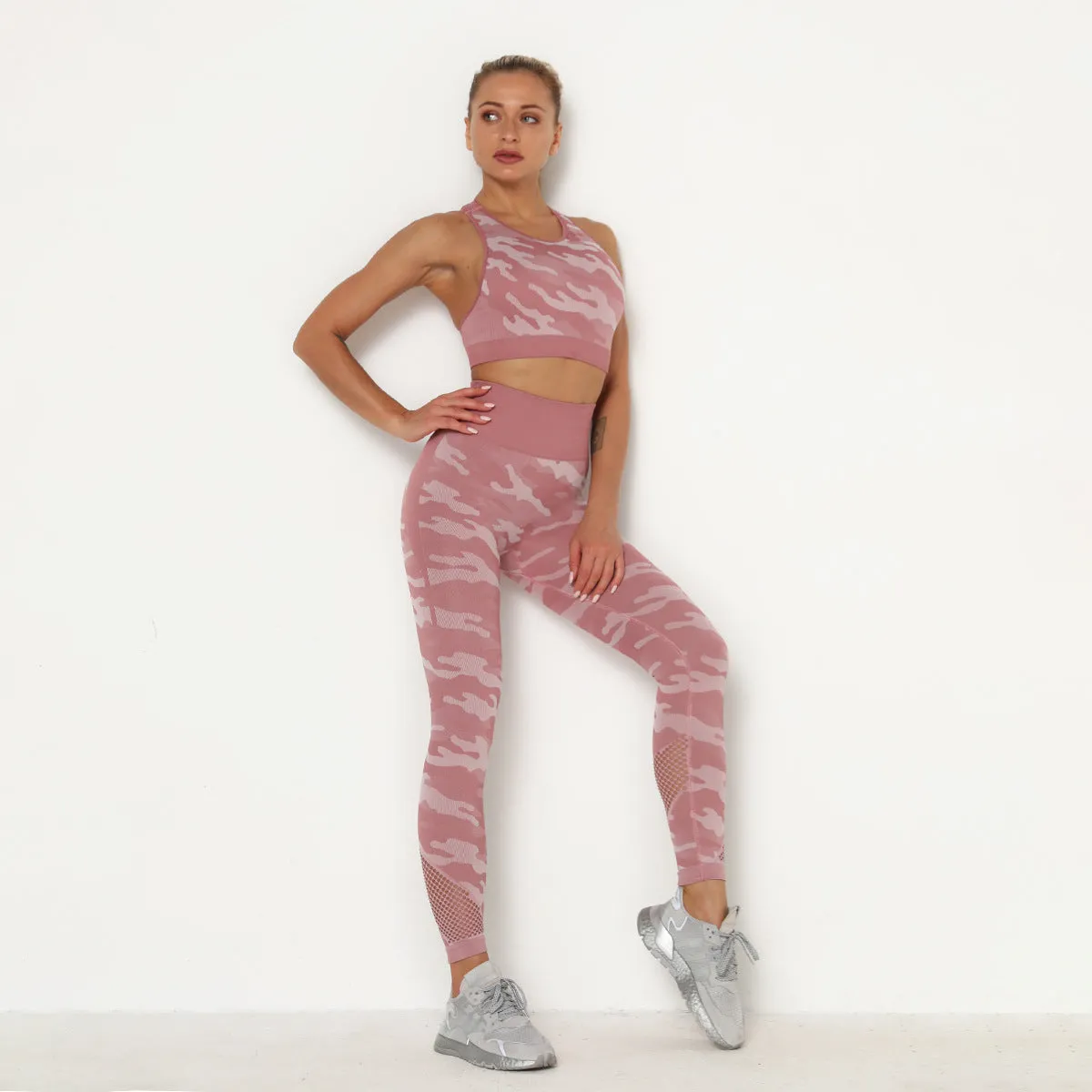 European and American Women's Clothing Mesh Camouflage Seamless Slim-Fit Yoga Wear Sports Suit