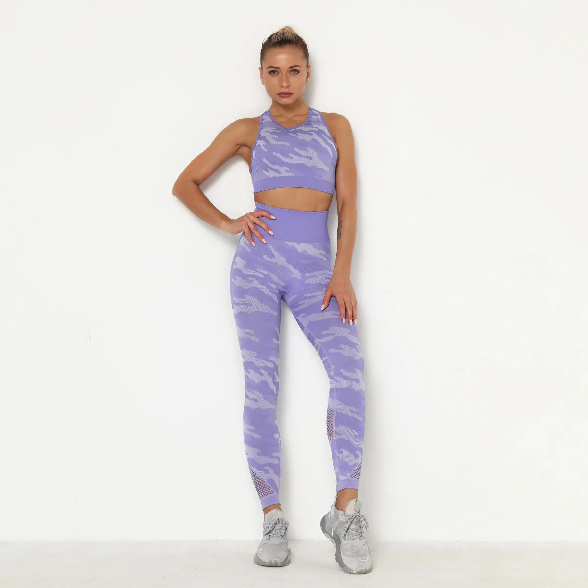 European and American Women's Clothing Mesh Camouflage Seamless Slim-Fit Yoga Wear Sports Suit