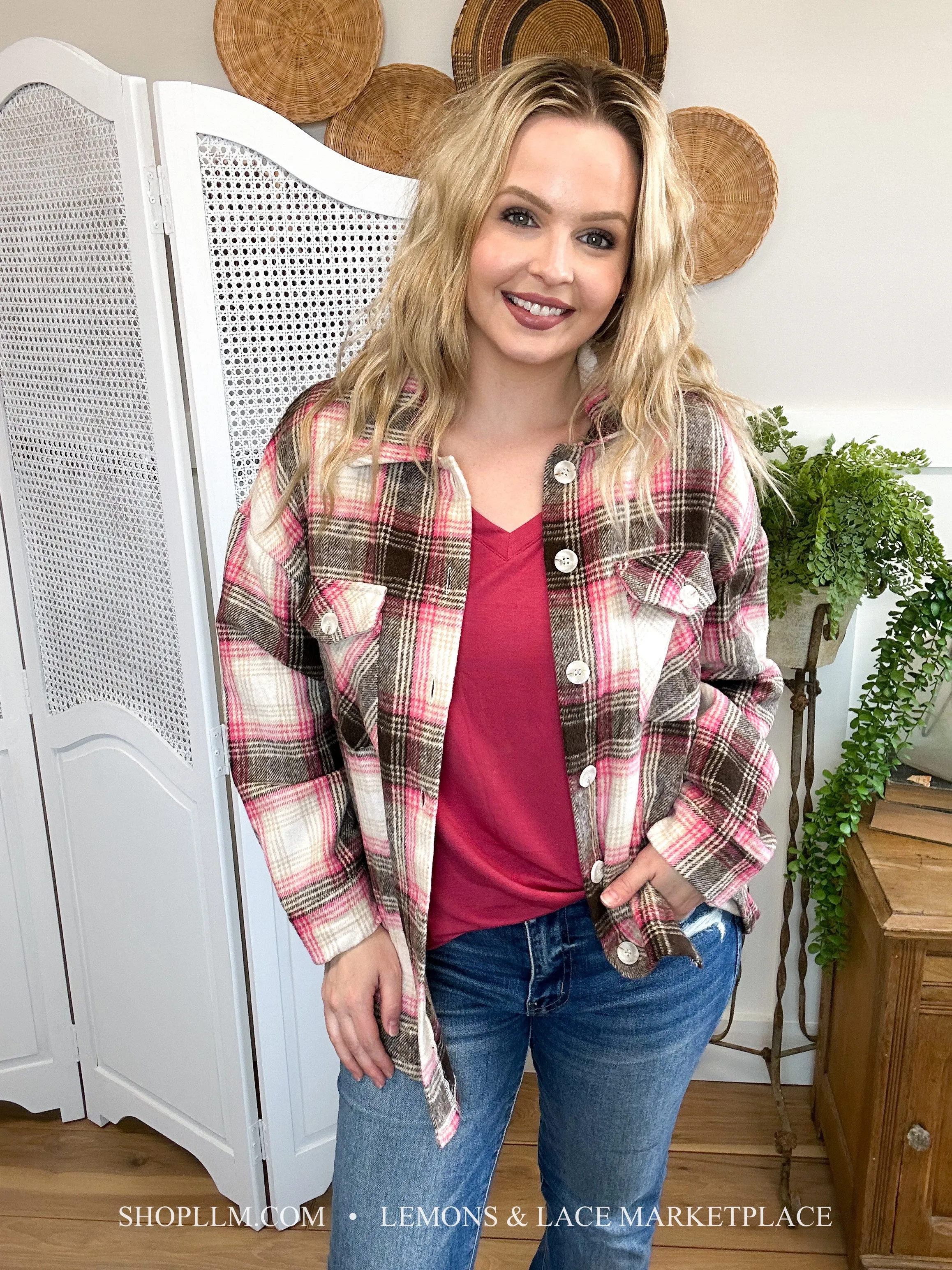 Farm Girl Daily Pink Plaid Shacket