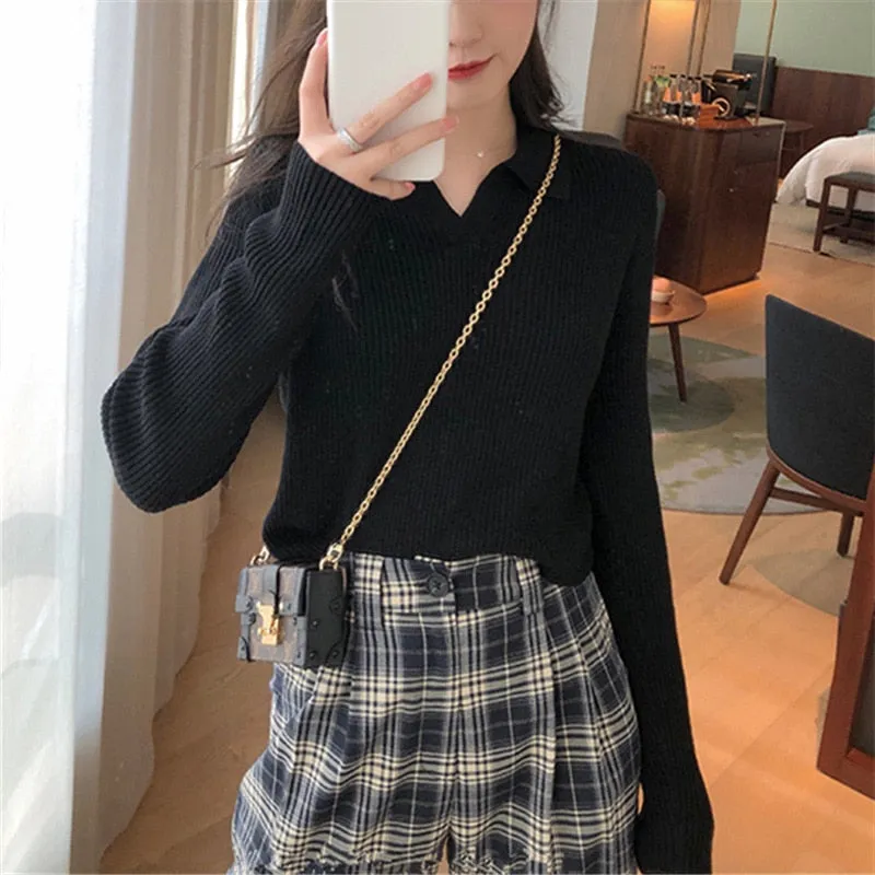 Fashionkova  2022 New Lapel Polo Neck Knitted Bottoming Top Women's Autumn Winter Solid Color Base All Match Causal Sweater For Fashion