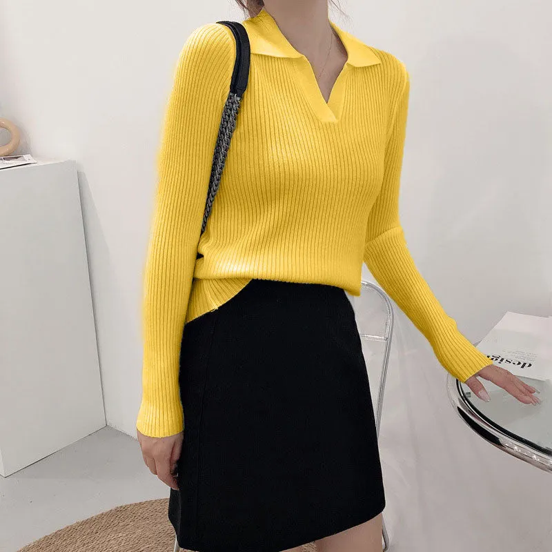 Fashionkova  2022 New Lapel Polo Neck Knitted Bottoming Top Women's Autumn Winter Solid Color Base All Match Causal Sweater For Fashion