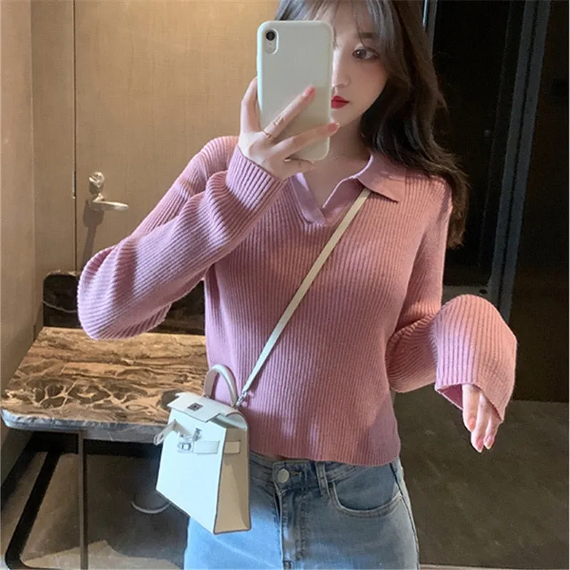 Fashionkova  2022 New Lapel Polo Neck Knitted Bottoming Top Women's Autumn Winter Solid Color Base All Match Causal Sweater For Fashion