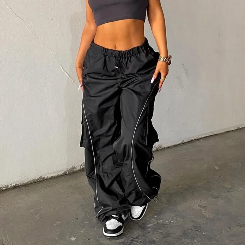 Fashionkova  Hippie Baggy Trousers Women Side Pockets Streetwear Cargo Pants Contrast Stitching Casual Loose Wide Leg Sweatpants