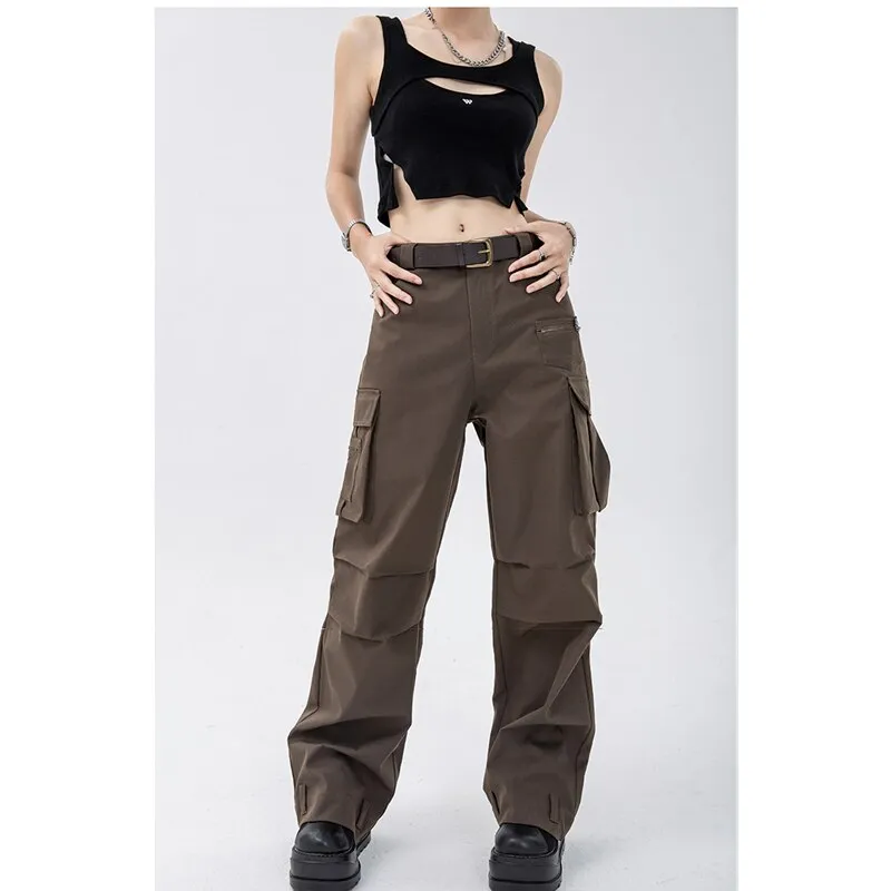 Fashionkova  Summer Brown Overalls Jeans Women's Fashion Trousers Hip Hop High Waist Wide Leg Baggy Casual Cargo Straight Pants Streetwear