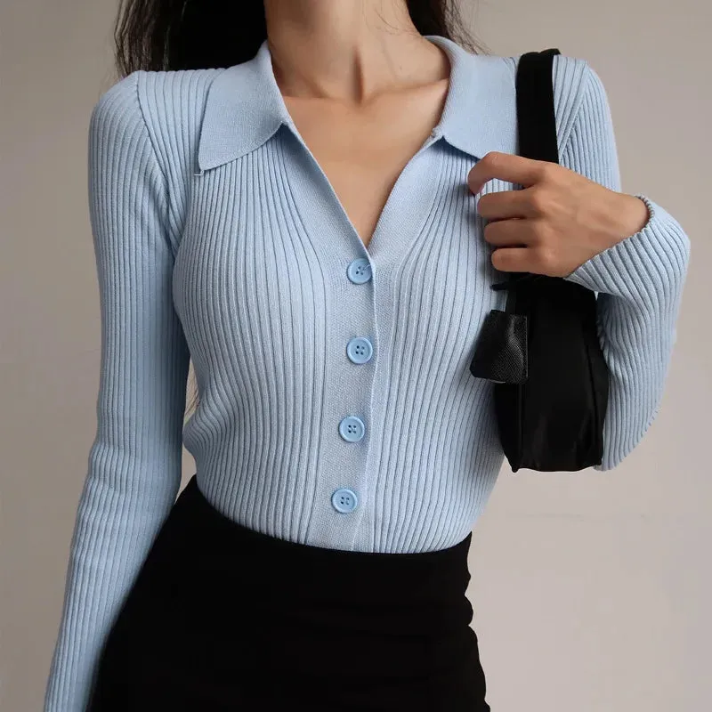 FashionSierra - New Lapel Slim Ladies Hollow Buttons Sexy V Neck Long Sleeve POLO Neck Knit Cardigan Sweater