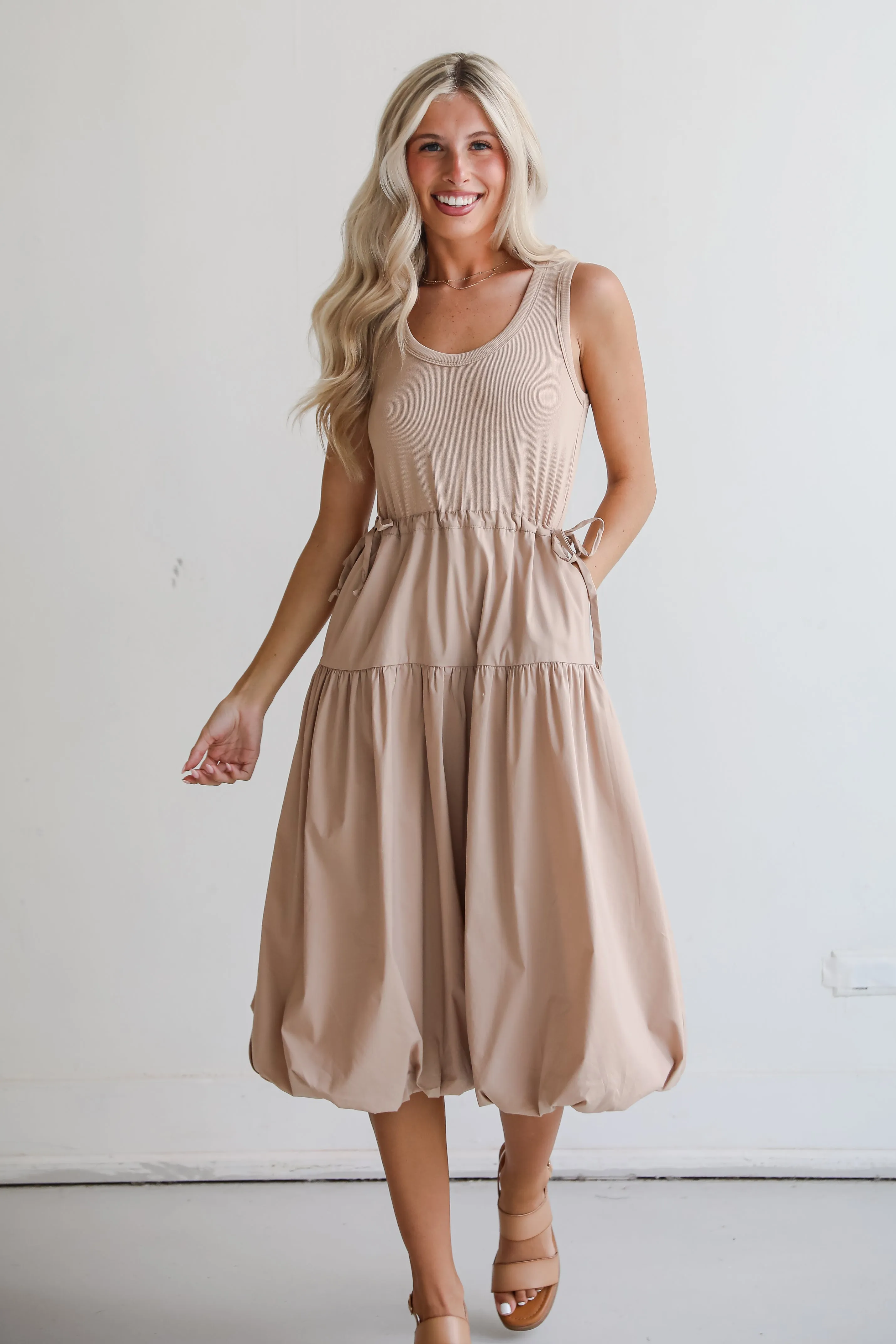 FINAL SALE - Darling Sophistication Taupe Contrast Midi Dress