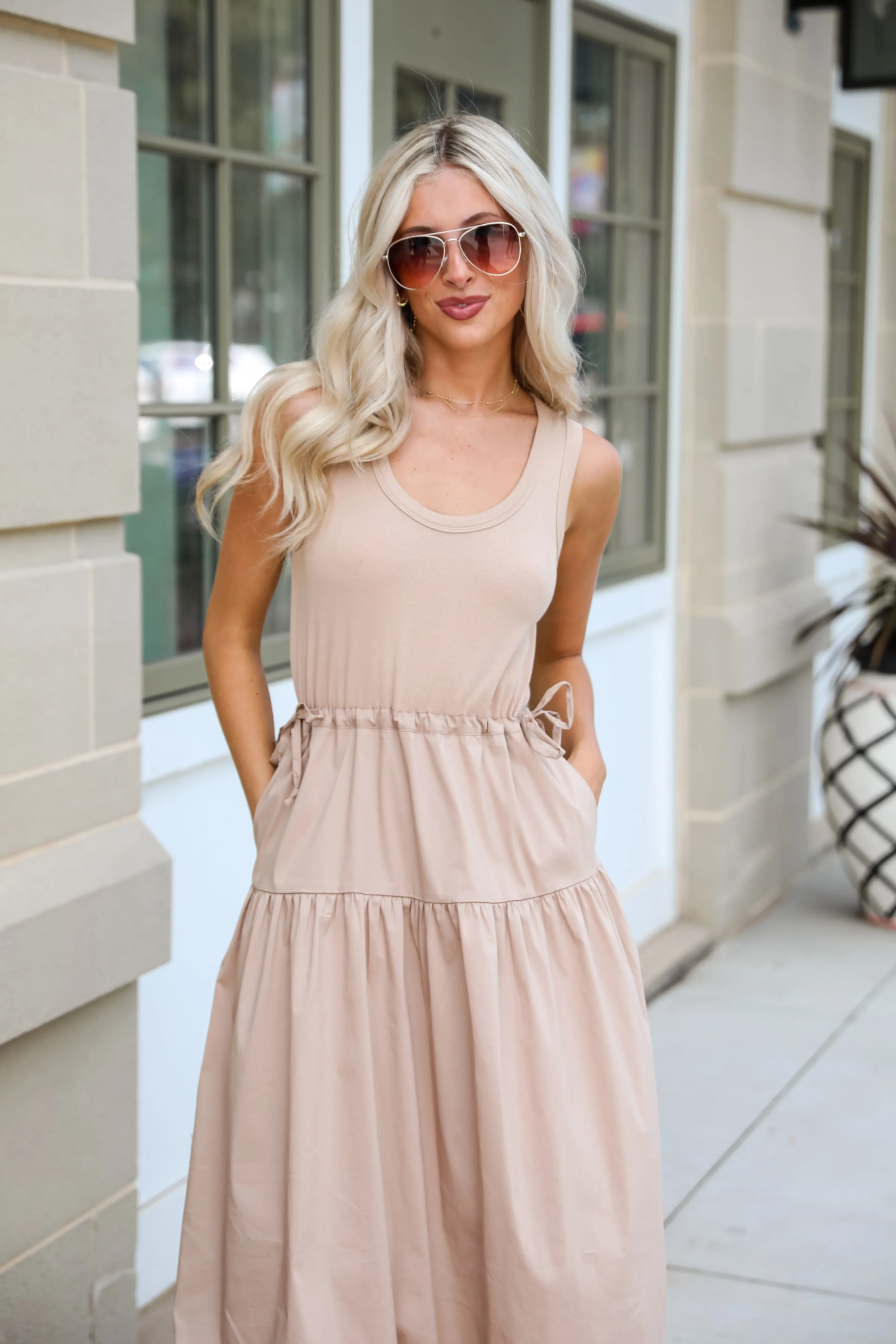 FINAL SALE - Darling Sophistication Taupe Contrast Midi Dress