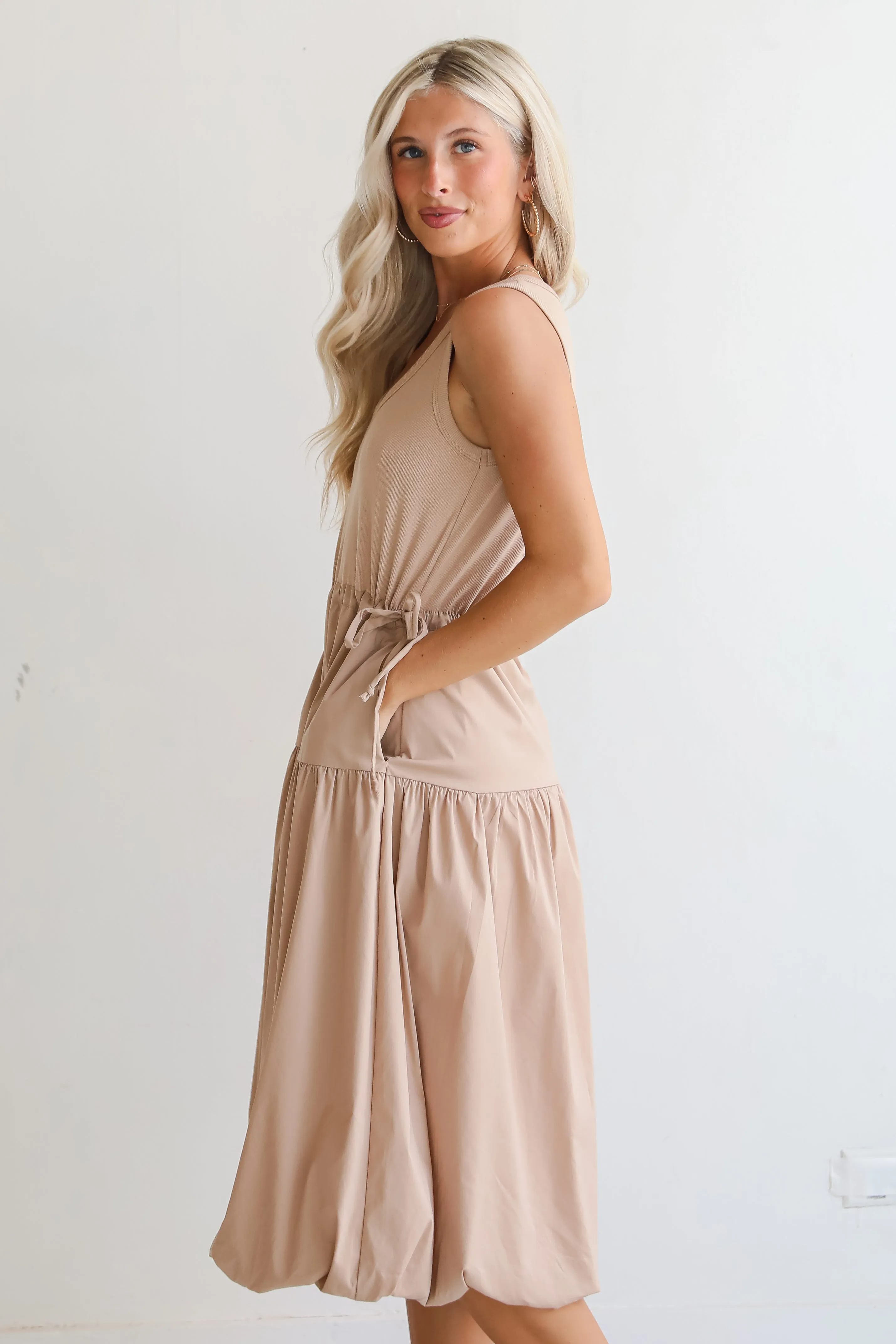 FINAL SALE - Darling Sophistication Taupe Contrast Midi Dress