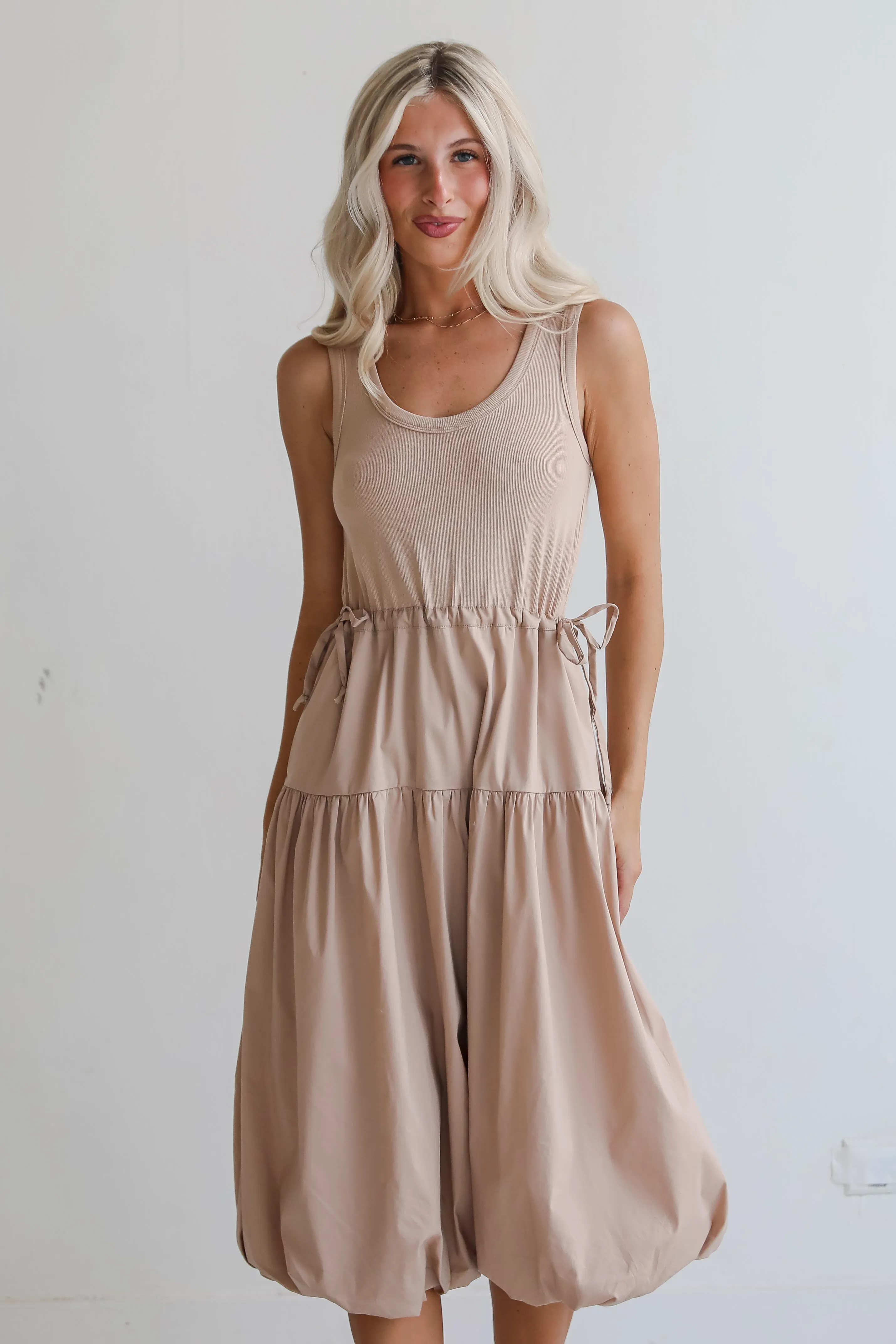 FINAL SALE - Darling Sophistication Taupe Contrast Midi Dress