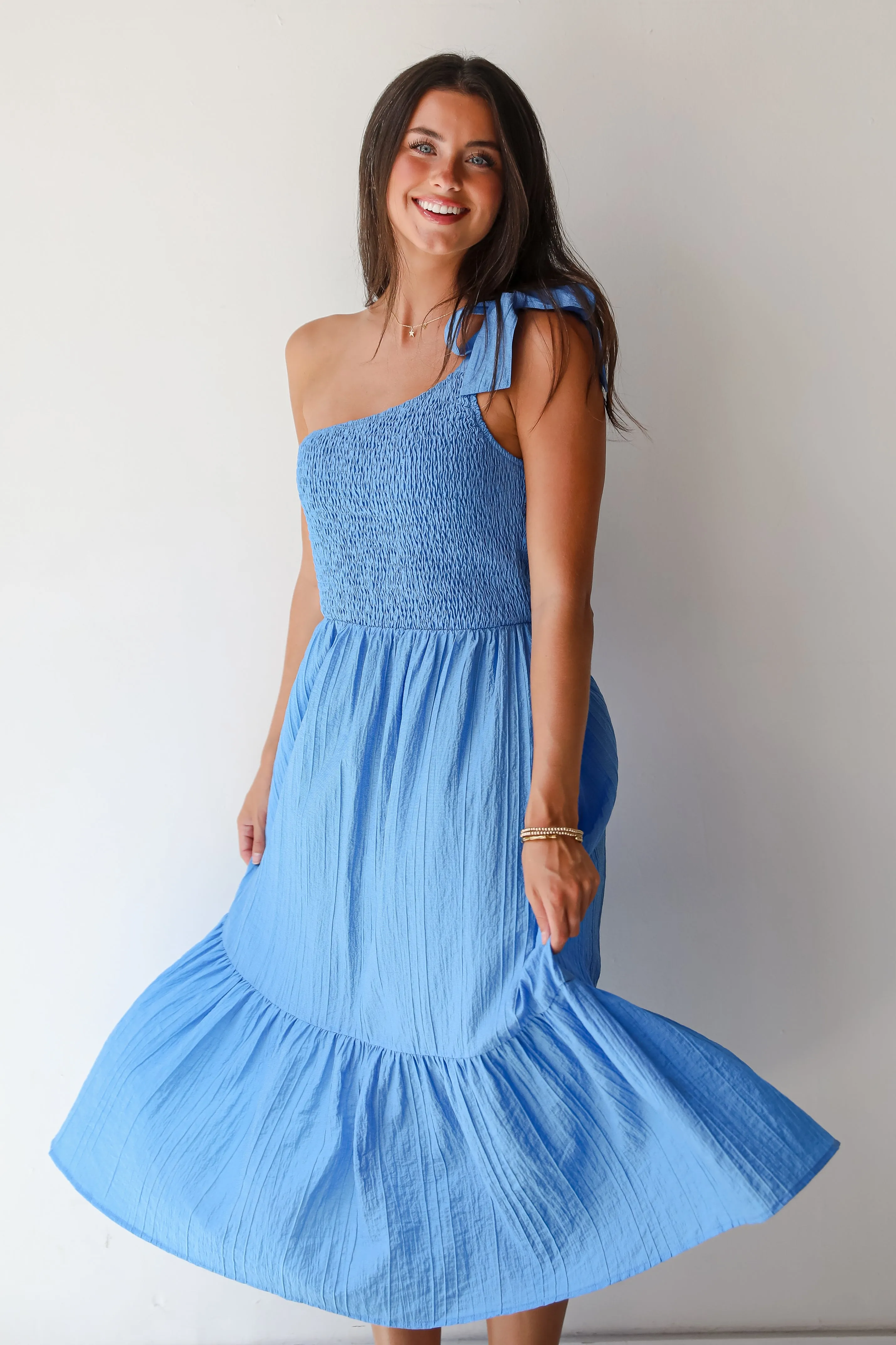 FINAL SALE - Dedicated To Glamour Blue One-Shoulder Midi Dress