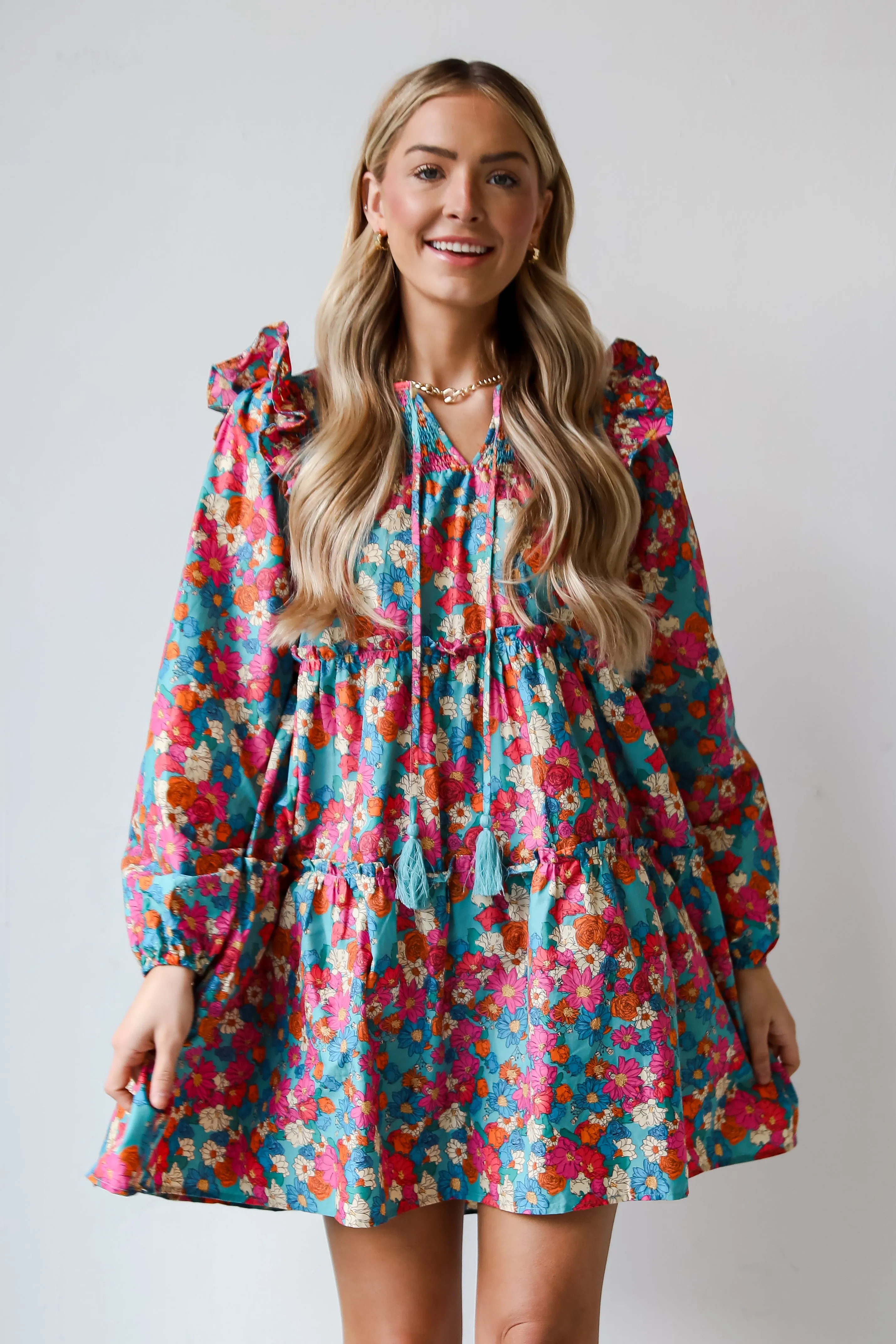 FINAL SALE - Sophisticated Crush Teal Tiered Floral Mini Dress