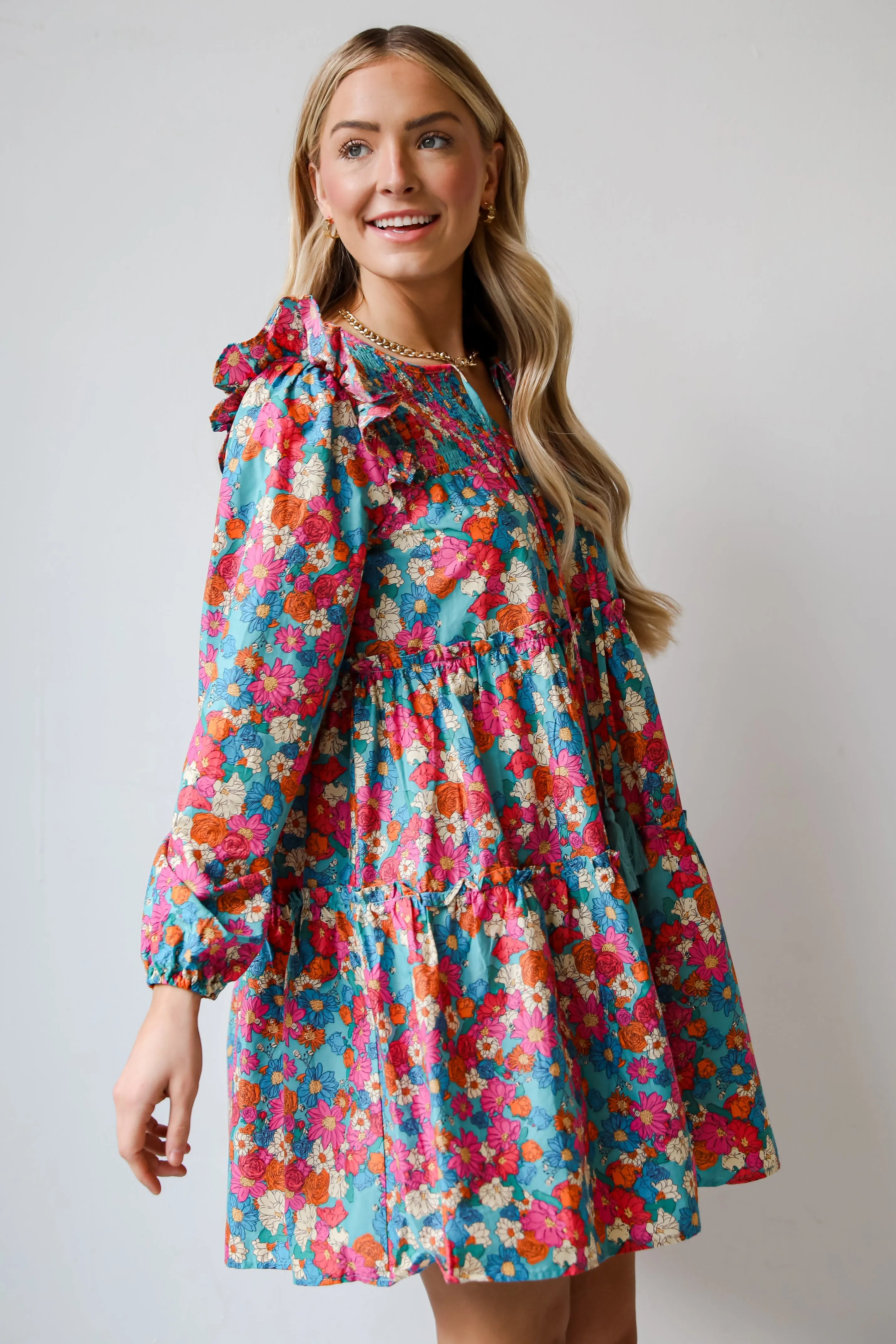 FINAL SALE - Sophisticated Crush Teal Tiered Floral Mini Dress