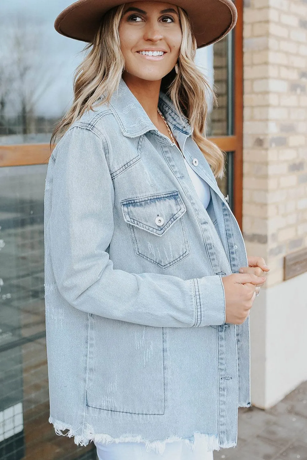 Flap Pocket Buttoned Raw Hem Denim Jacket