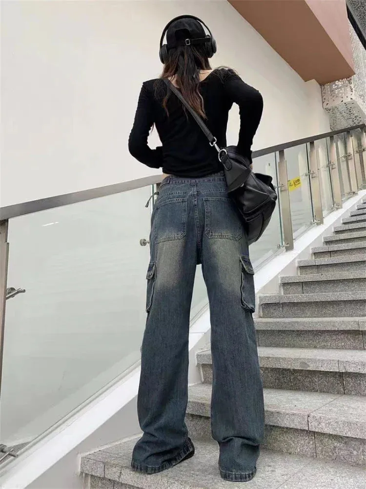 Flared Wide Leg Cargo Y2k Pants Waist Vintage Oversize Trousers Streetwear Pants