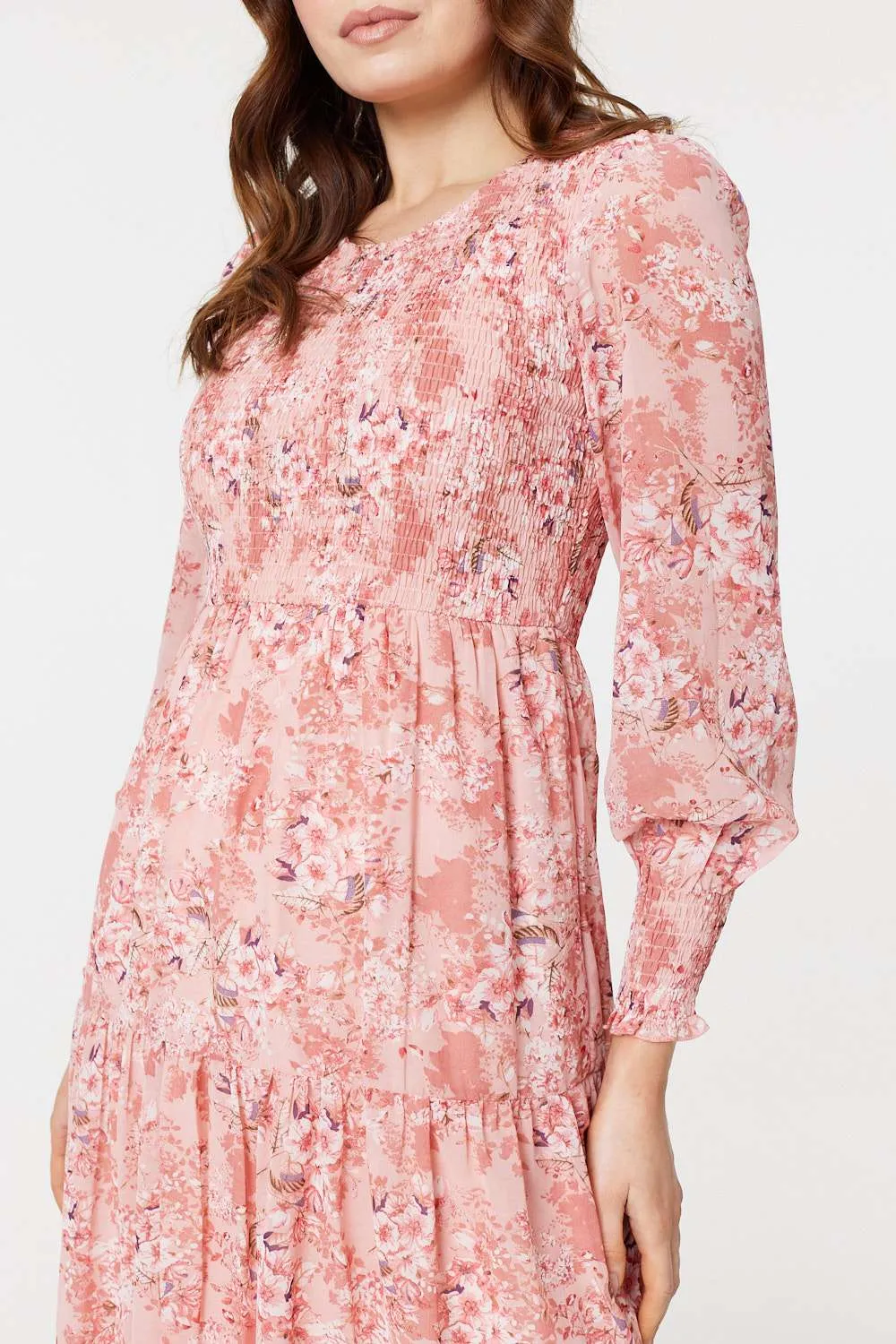 Floral Print Smocked Midi Dress