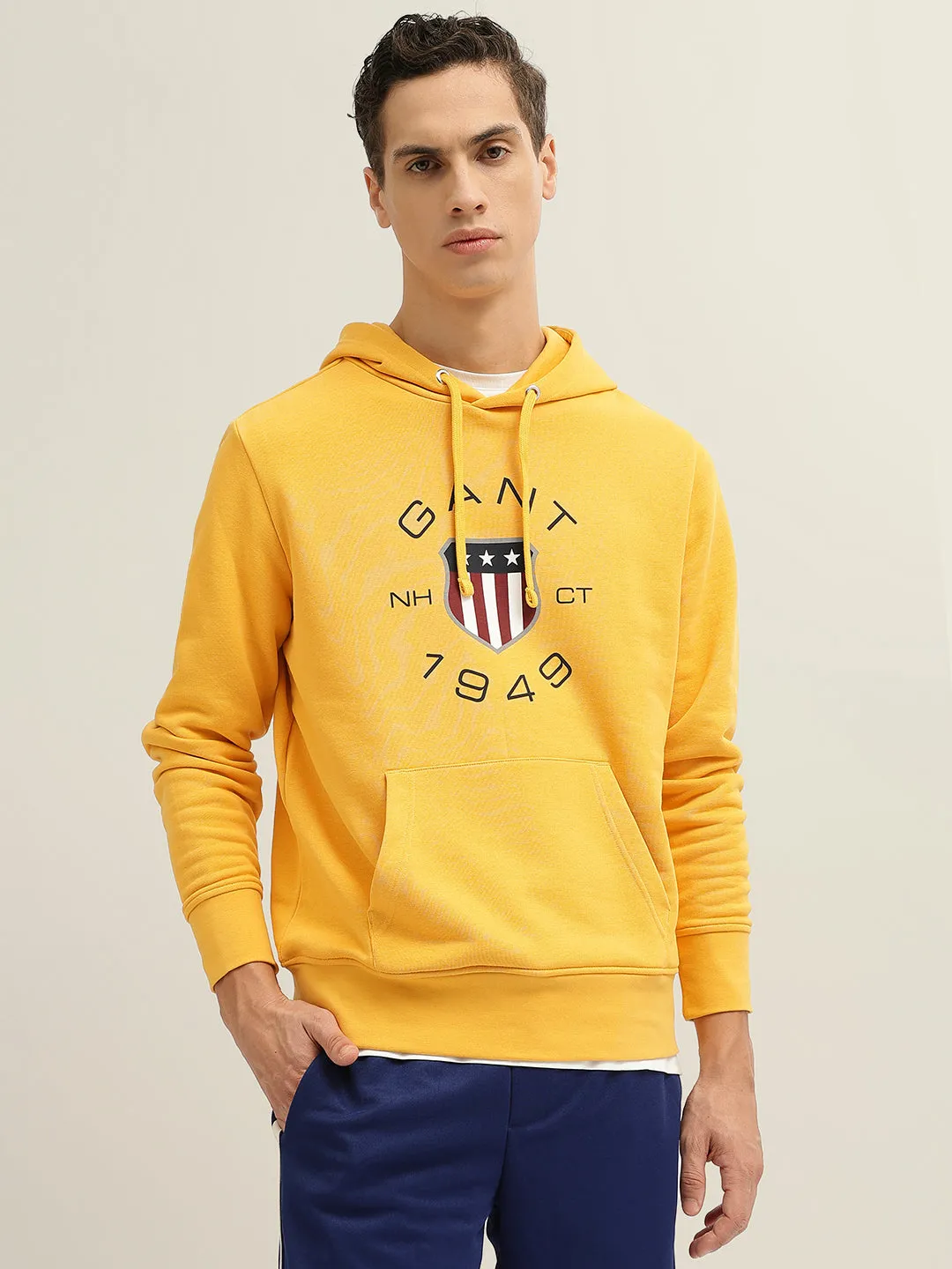 Gant Men Yellow Printed Hooded Full Sleeves Pullover Sweatshirt