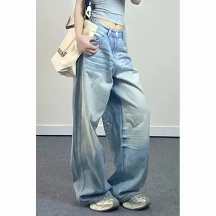 Girlary American high street retro light blue wide leg jeans women spring loose drape hole trousers straight dragging trousers 2024