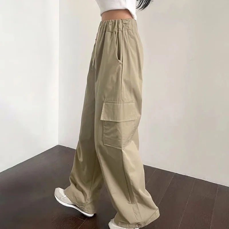 Girlary Korean Chic Summer Vintage Women Pantshigh Waist Lace Up Large Pocket Loose Wide Leg Pants Loose Casual Cargo Pants Women