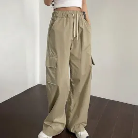 Girlary Korean Chic Summer Vintage Women Pantshigh Waist Lace Up Large Pocket Loose Wide Leg Pants Loose Casual Cargo Pants Women