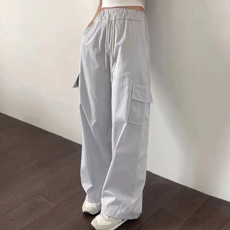 Girlary Korean Chic Summer Vintage Women Pantshigh Waist Lace Up Large Pocket Loose Wide Leg Pants Loose Casual Cargo Pants Women