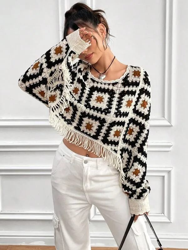 Girlary-shop barn jacket outfits New Crocheted Hollow-out Sweater Tassel Outerwear Blouse Stacked Top