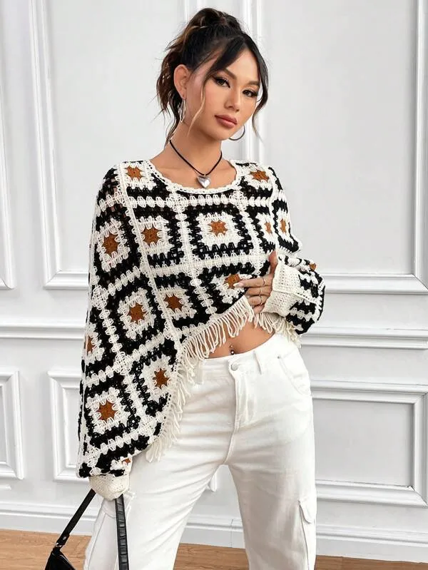 Girlary-shop barn jacket outfits New Crocheted Hollow-out Sweater Tassel Outerwear Blouse Stacked Top