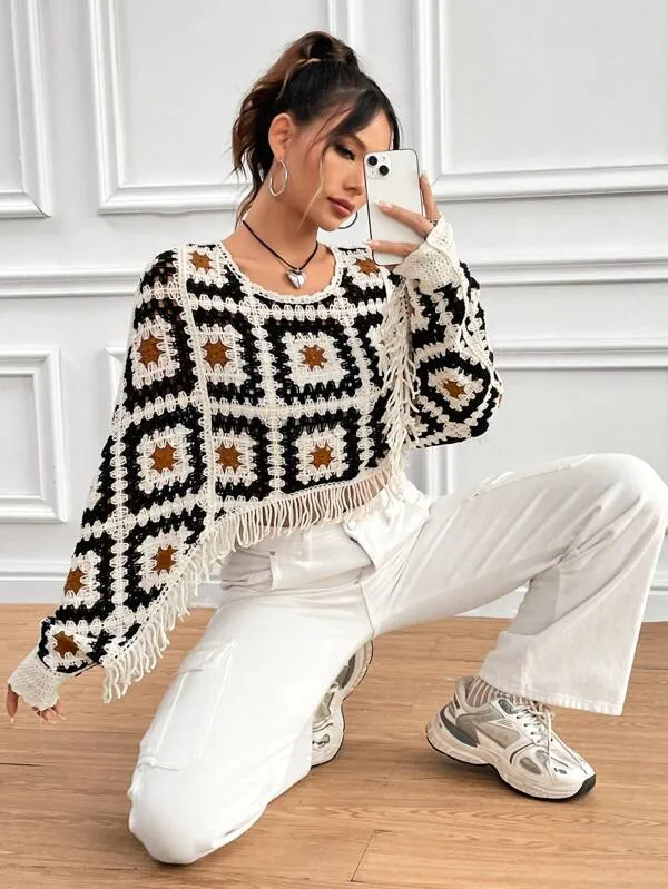 Girlary-shop barn jacket outfits New Crocheted Hollow-out Sweater Tassel Outerwear Blouse Stacked Top