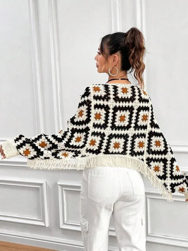 Girlary-shop barn jacket outfits New Crocheted Hollow-out Sweater Tassel Outerwear Blouse Stacked Top