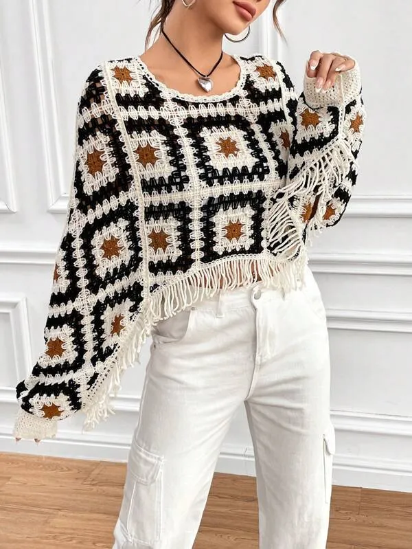 Girlary-shop barn jacket outfits New Crocheted Hollow-out Sweater Tassel Outerwear Blouse Stacked Top