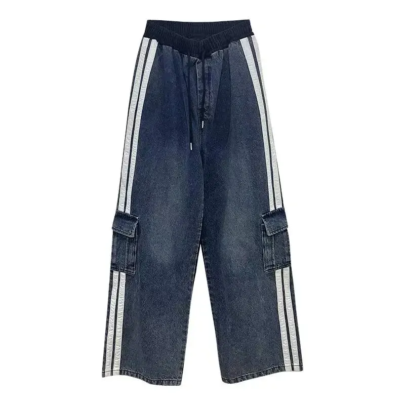 Girlary Striped splicing pants women's casual work pants 2024 fall new hiphop high waist loose wide leg jeans