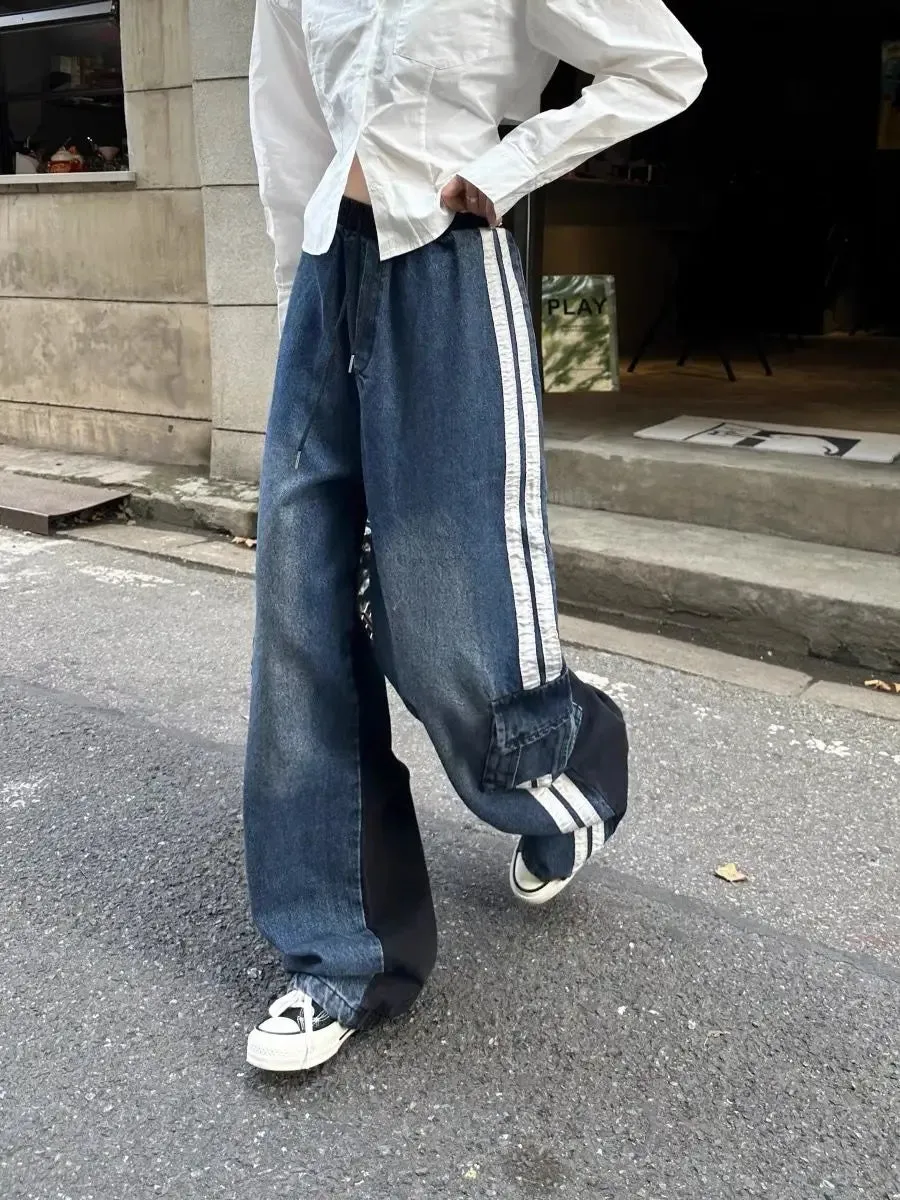 Girlary Striped splicing pants women's casual work pants 2024 fall new hiphop high waist loose wide leg jeans