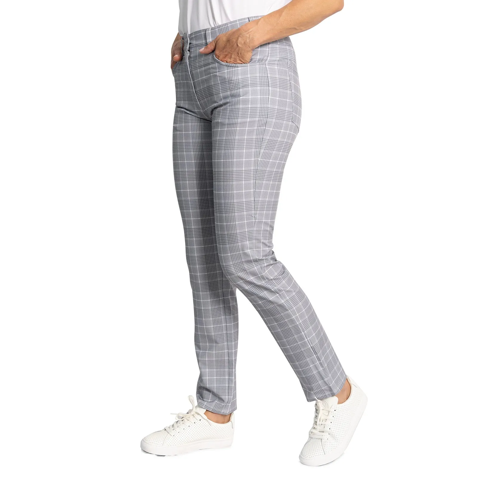 Glenmuir Women's Kaley Lightweight Stretch Performance Golf Trousers - Light Grey/ White Check