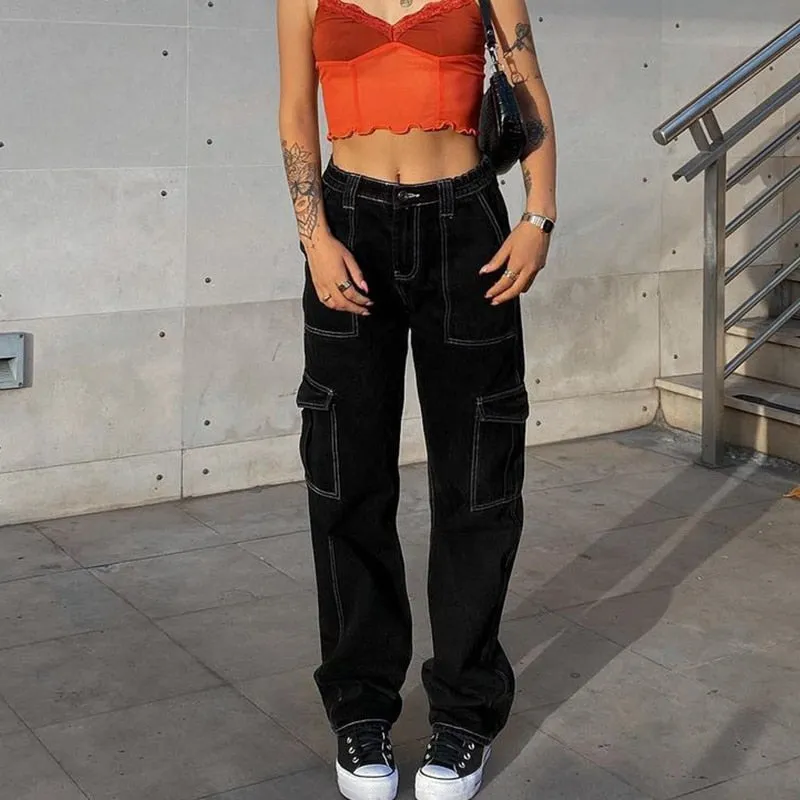 Graduation Gifts Baggy High Waist Jeans Woman 90s Streetwear Straight Cargo Pants Casual Mom Boyfriend Wide Leg Denim Trousers Capri