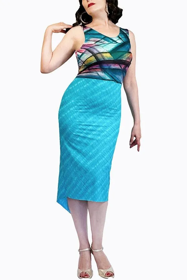 graphic blue tango dress with back slit