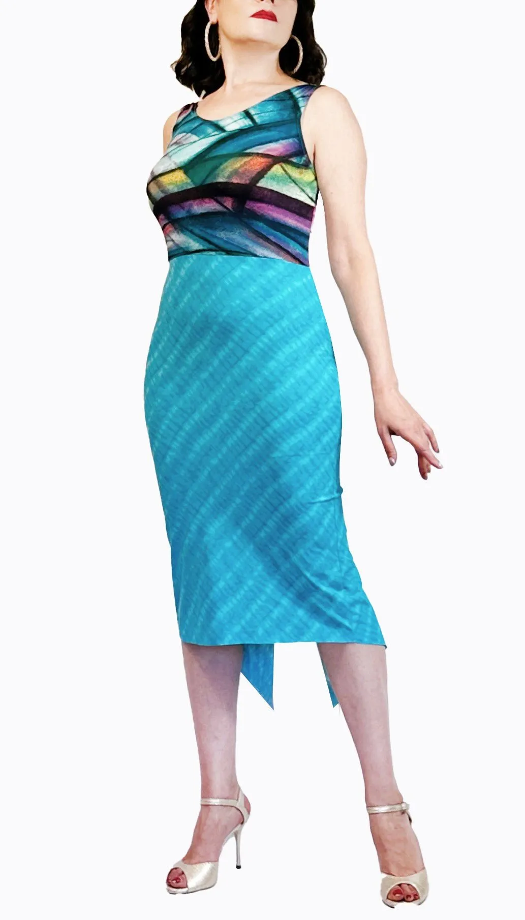 graphic blue tango dress with back slit