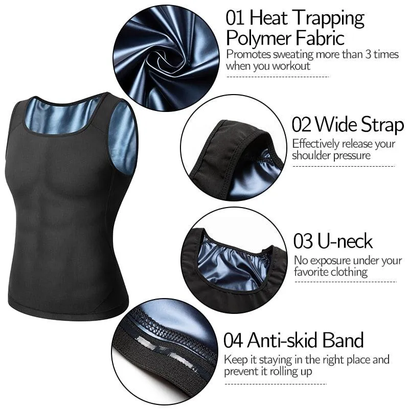 Great Men Body Shaper - Waist Trainer Sweat Vest Compression Shirt - Weight Loss Slimming Workout Tank Tops (FHM1)