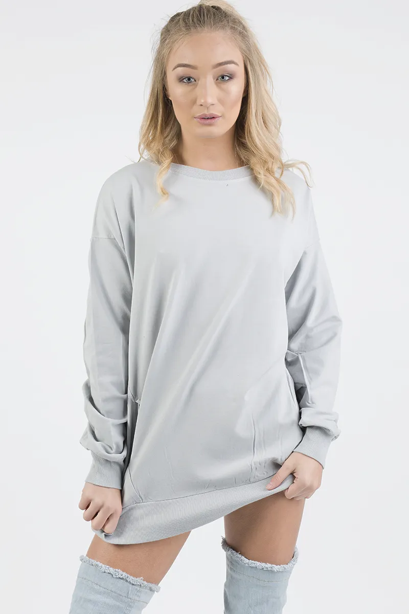 Grey Oversized Ruched Sleeve Jumper Dress - Hayley