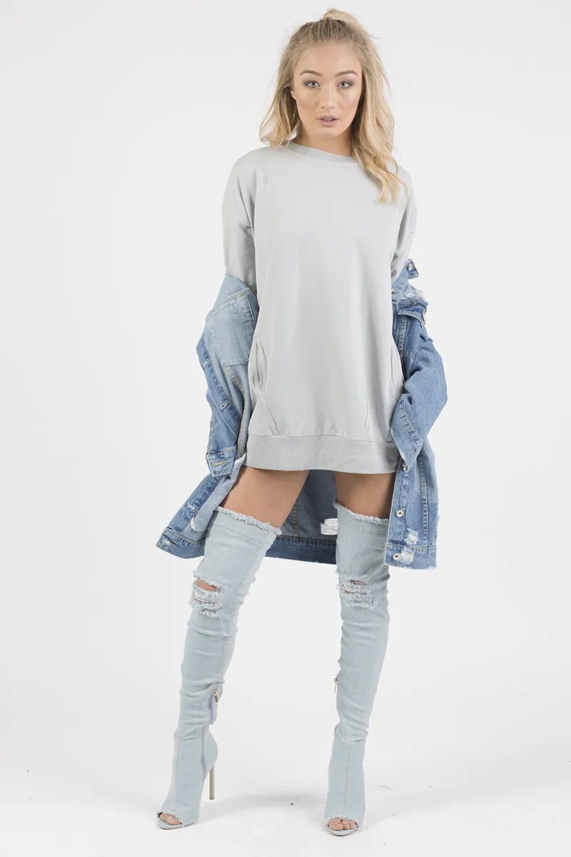 Grey Oversized Ruched Sleeve Jumper Dress - Hayley