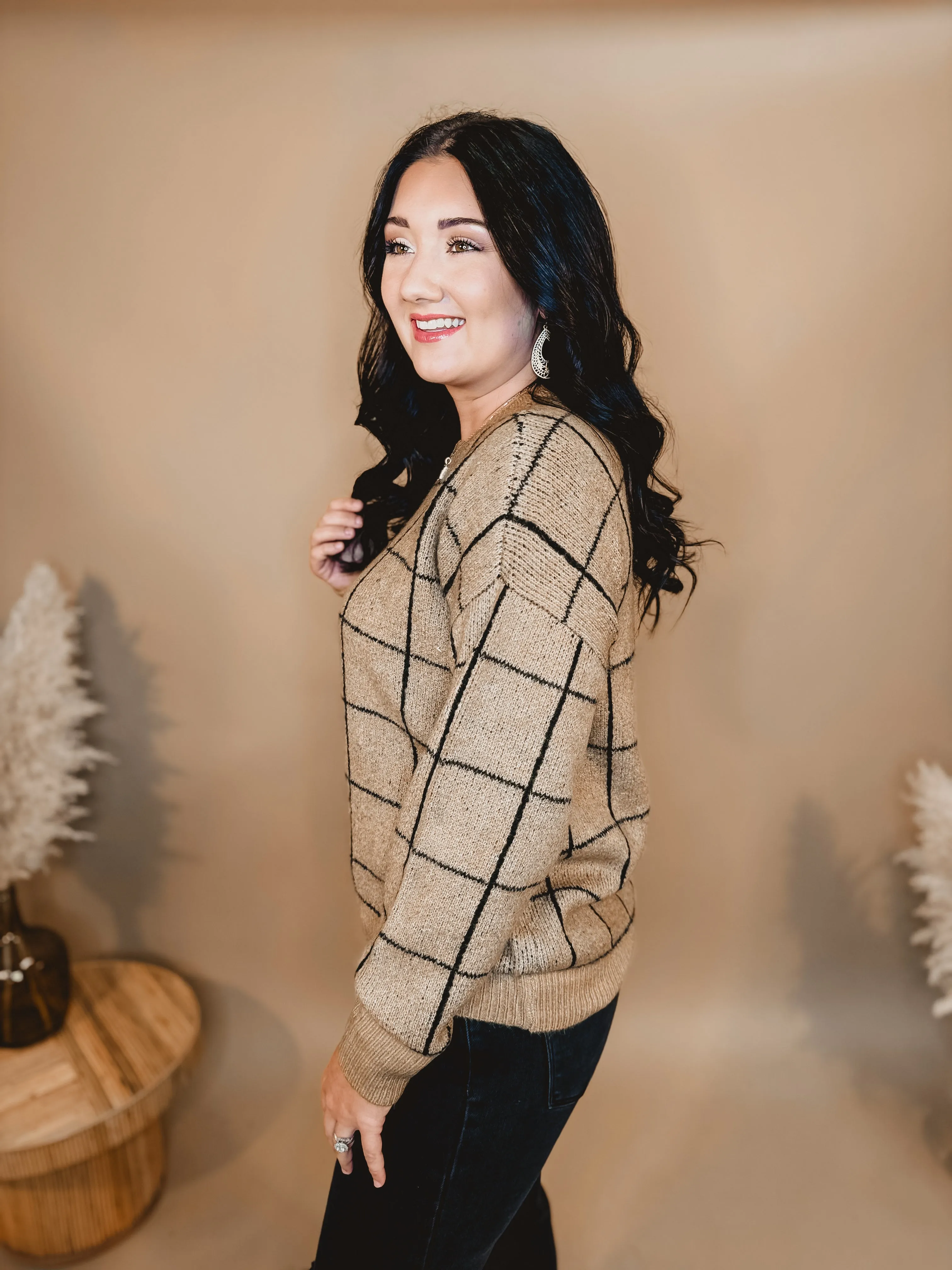 Grid Print Long Sleeve Sweater - Khaki/Black