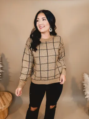 Grid Print Long Sleeve Sweater - Khaki/Black