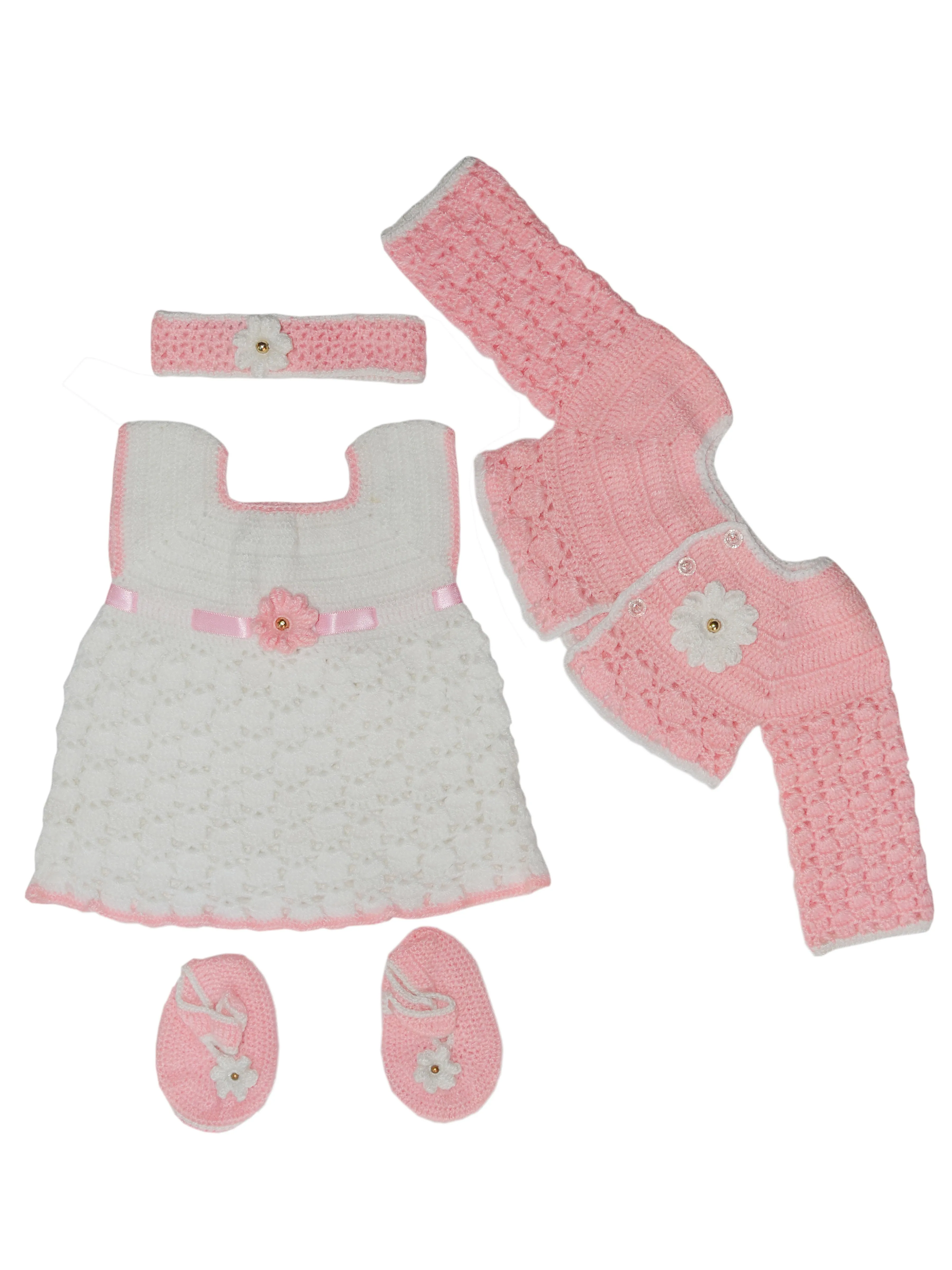 Handmade Woolen Crochet Baby Frock With Short Jacket Sweater Set (4Pcs Set) - White & Pink