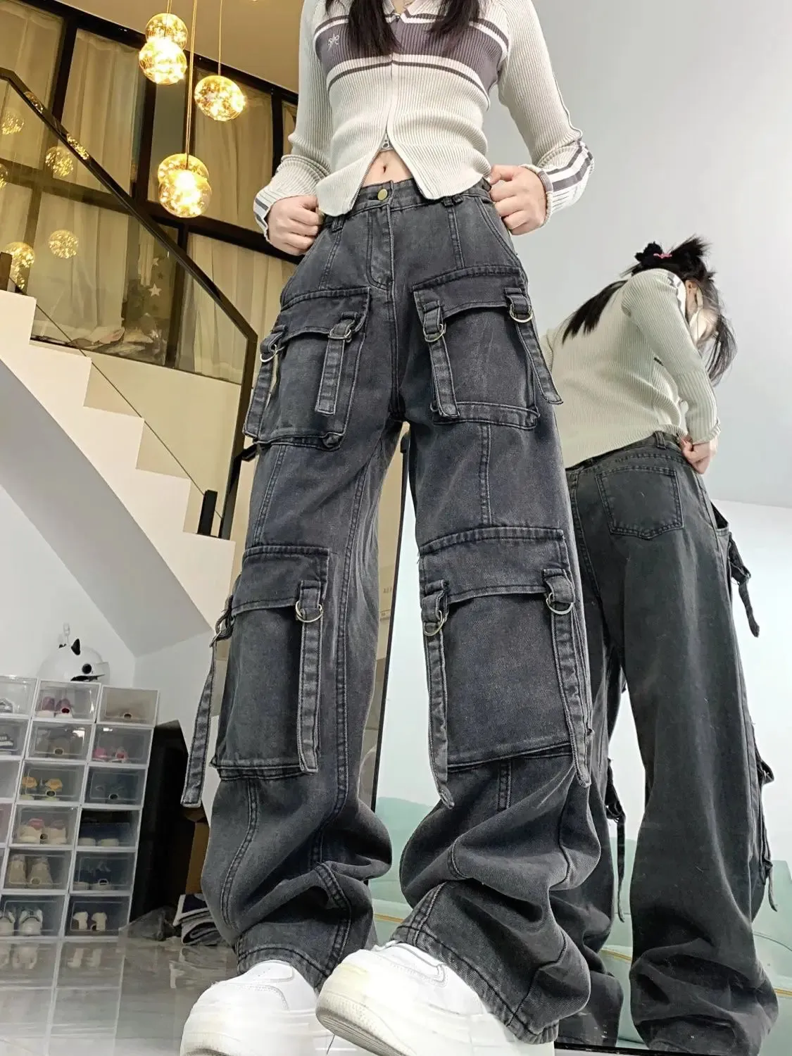 Heavy Duty Washed Multi-pocket Cargo Pants Women Grey Personality High Waisted Pants